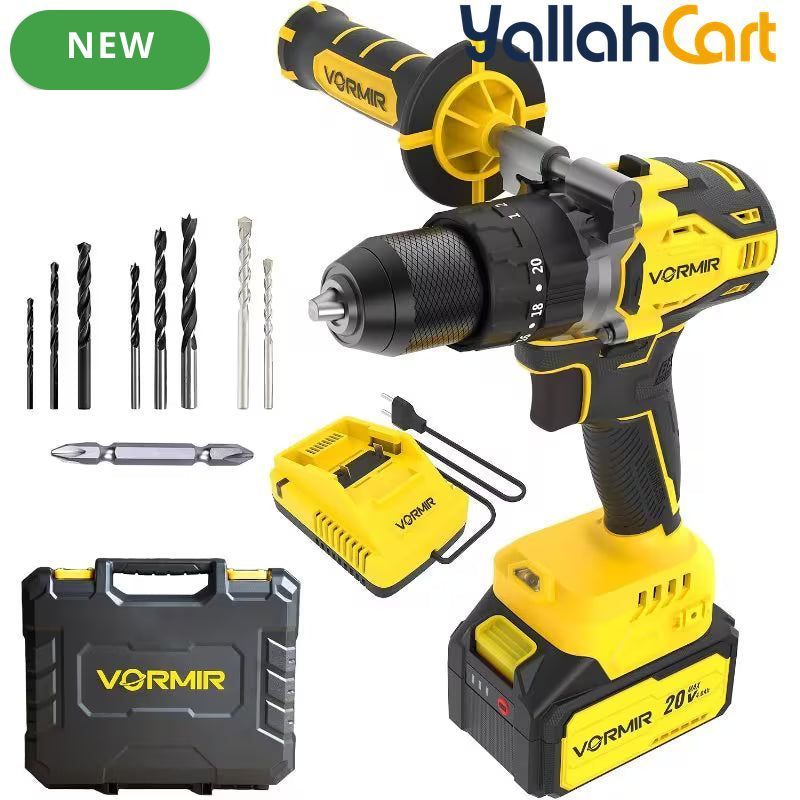 VORMIR VR BD21-80 20V Brushless Cordless Impact Drill (Yellow & Black) – 80Nm Torque, 13mm Metal Chuck & 4.0Ah Battery Kit