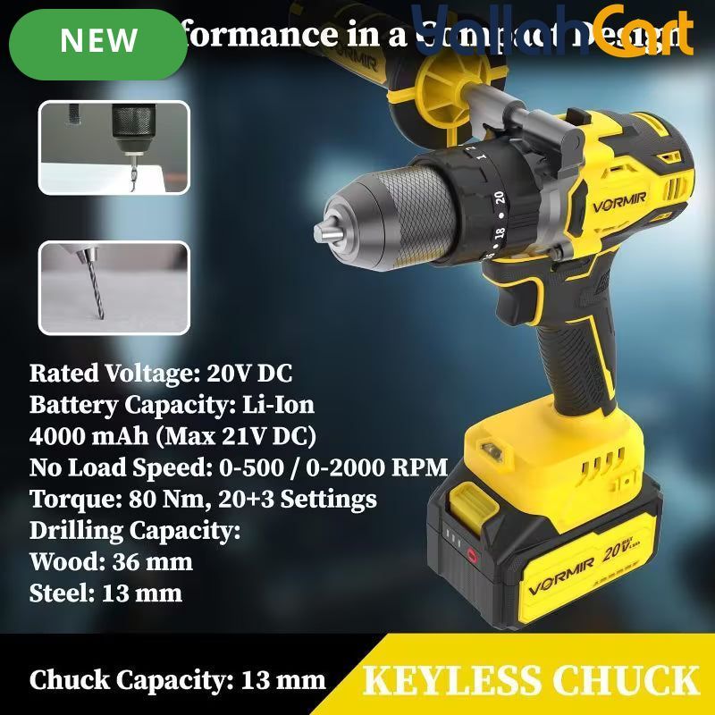 VORMIR VR BD21-80 20V Brushless Cordless Impact Drill (Yellow & Black) – 80Nm Torque, 13mm Metal Chuck & 4.0Ah Battery Kit