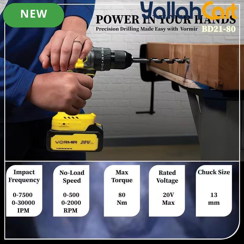 VORMIR VR BD21-80 20V Brushless Cordless Impact Drill (Yellow & Black) – 80Nm Torque, 13mm Metal Chuck & 4.0Ah Battery Kit
