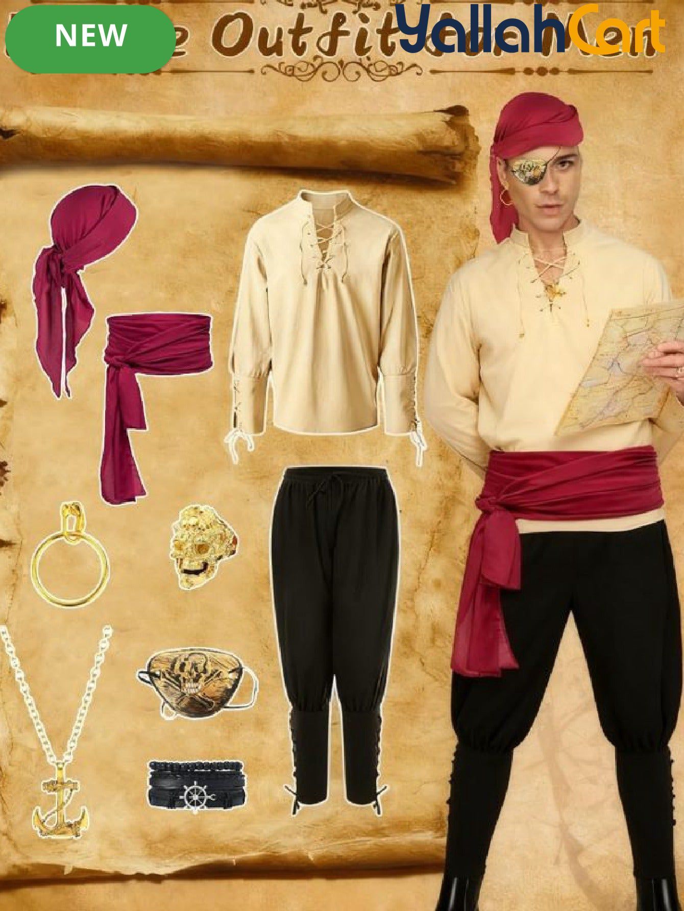 Men’s Medieval Pirate Costume Set – Retro Renaissance Shirt & Pants with Scarf & Accessories