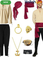 Men’s Medieval Pirate Costume Set – Retro Renaissance Shirt & Pants with Scarf & Accessories