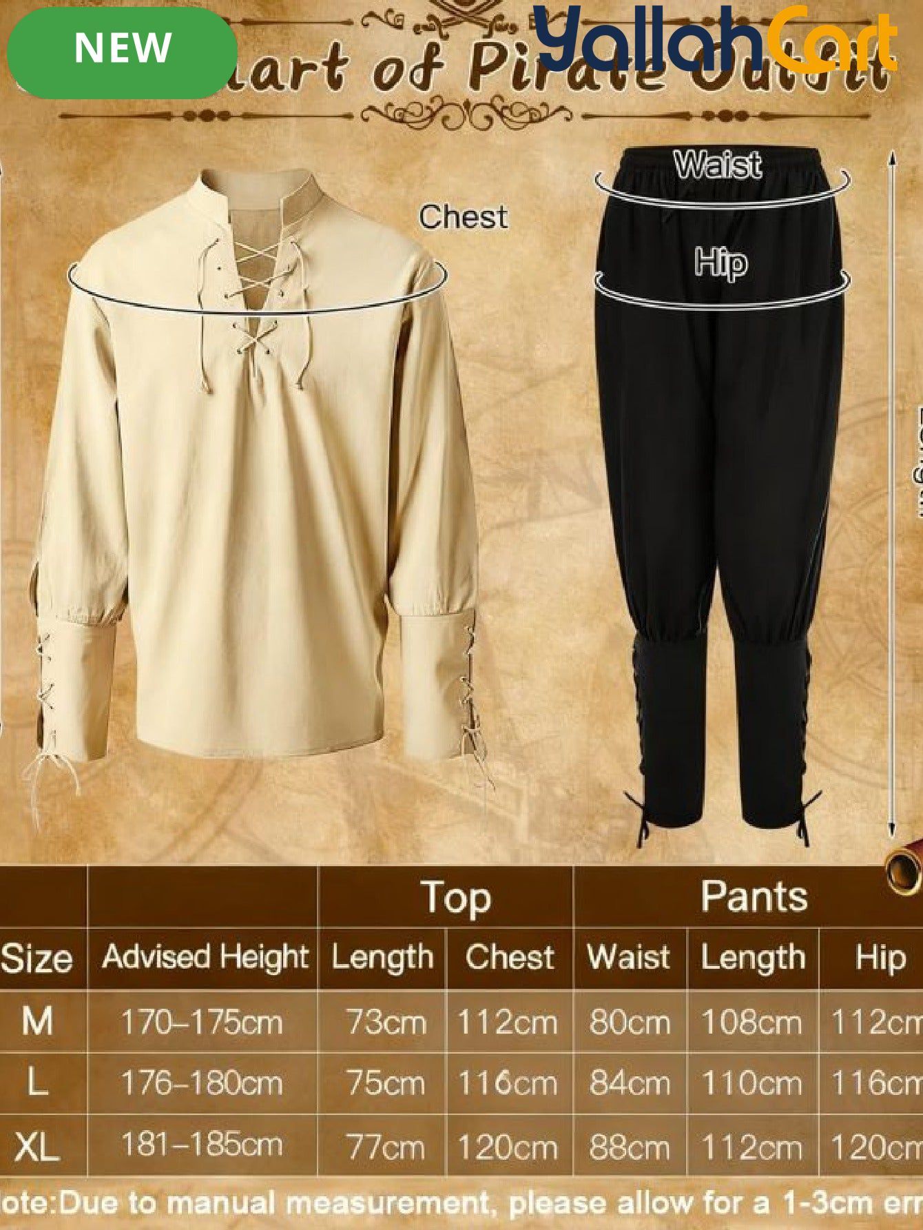 Men’s Medieval Pirate Costume Set – Retro Renaissance Shirt & Pants with Scarf & Accessories