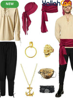 Men’s Medieval Pirate Costume Set – Retro Renaissance Shirt & Pants with Scarf & Accessories