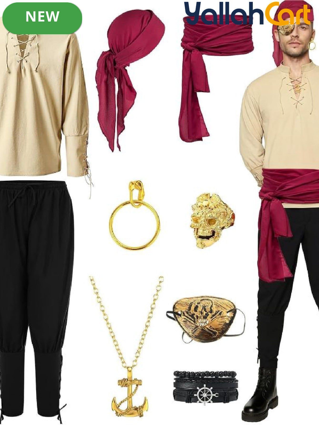Men’s Medieval Pirate Costume Set – Retro Renaissance Shirt & Pants with Scarf & Accessories