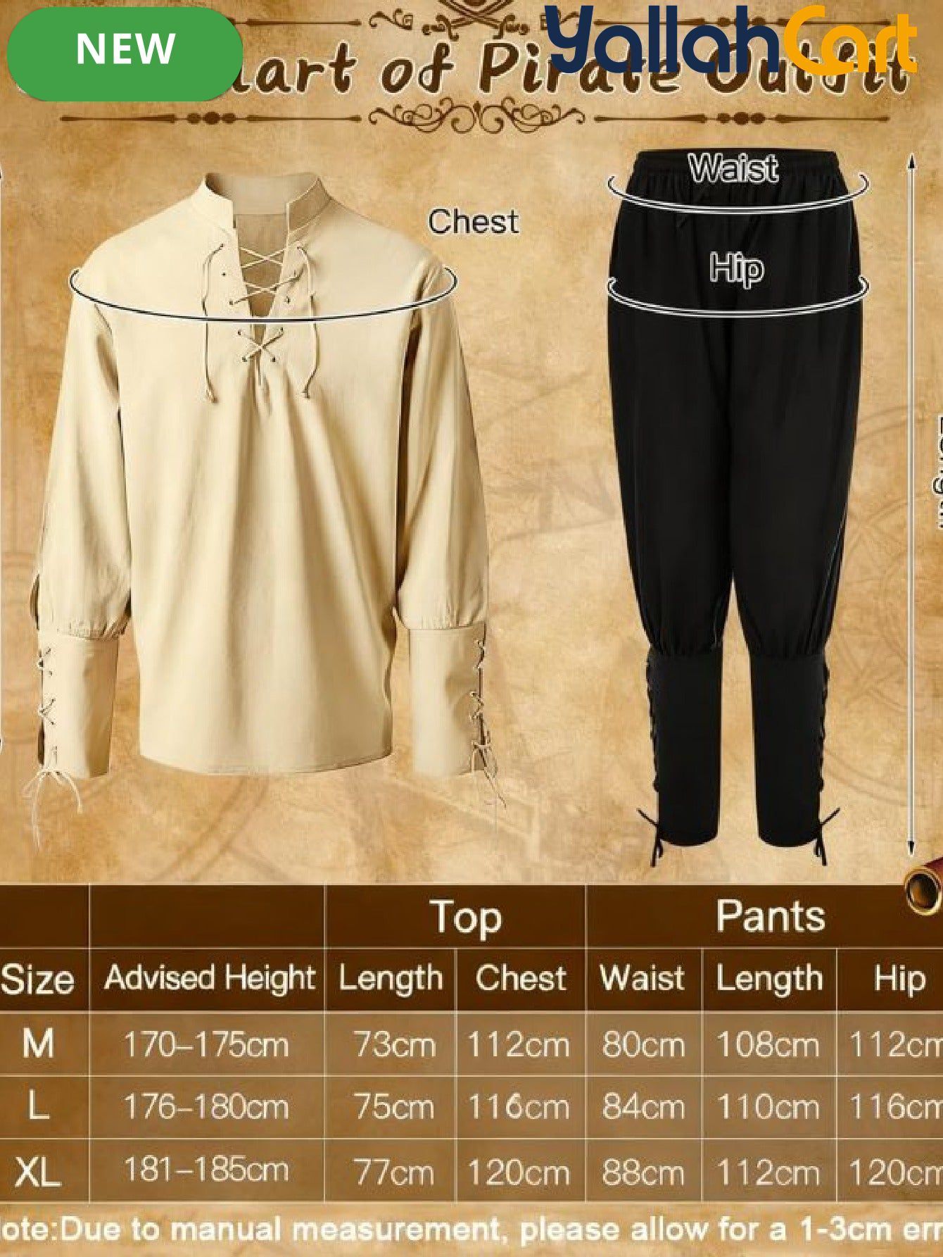Men’s Medieval Pirate Costume Set – Retro Renaissance Shirt & Pants with Scarf & Accessories