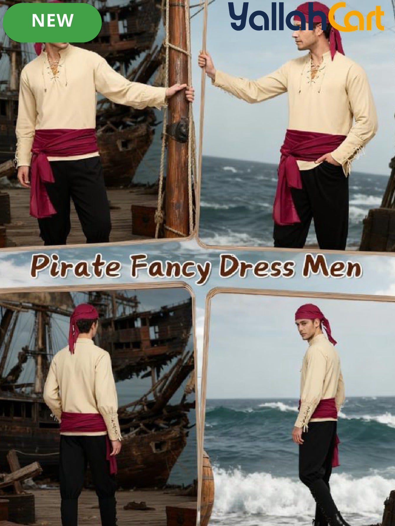 Men’s Medieval Pirate Costume Set – Retro Renaissance Shirt & Pants with Scarf & Accessories