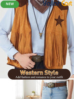 Men’s 5-Piece Western Cowboy Costume Set (XXL) – Fringe Vest, Hat, Buckle Belt & Necktie Necklace for Halloween Cosplay