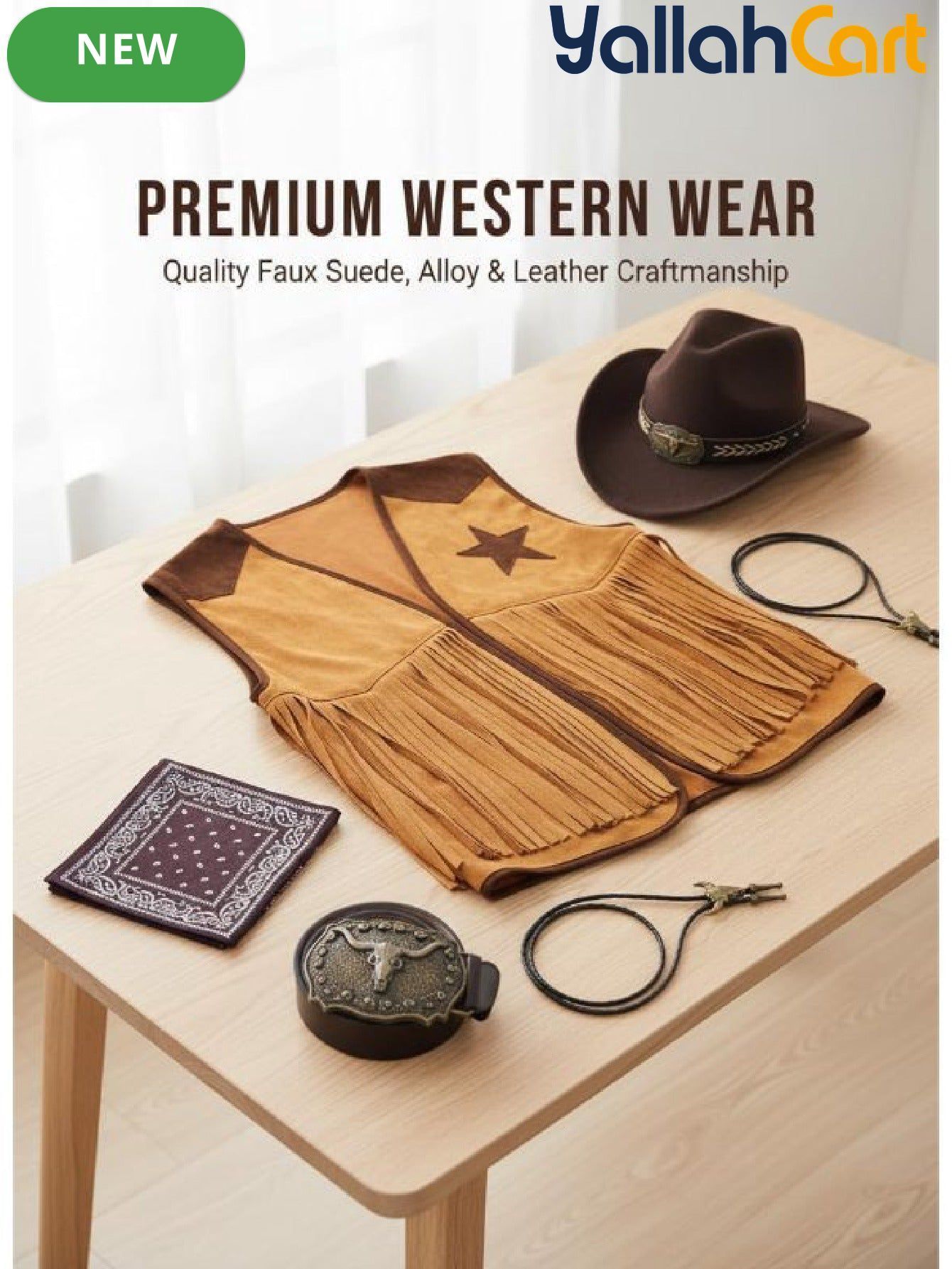 Men’s 5-Piece Western Cowboy Costume Set (XXL) – Fringe Vest, Hat, Buckle Belt & Necktie Necklace for Halloween Cosplay