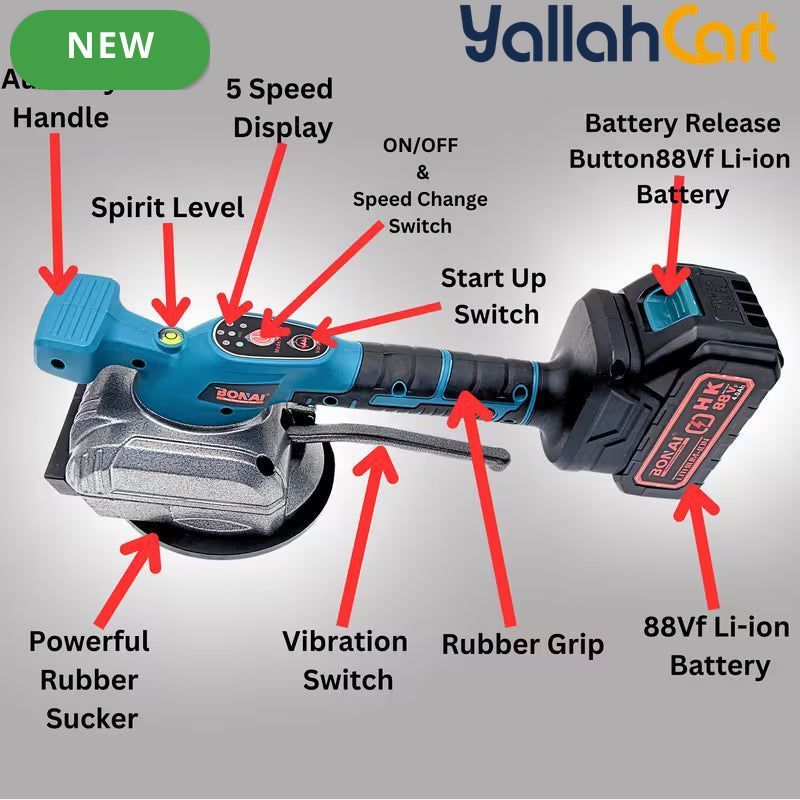 BONAI BN-CD0013 Cordless 88VF Tile Vibrator & Laying Machine (blue,black) – 80kg Suction, FM Gear Display & 4.0Ah Battery