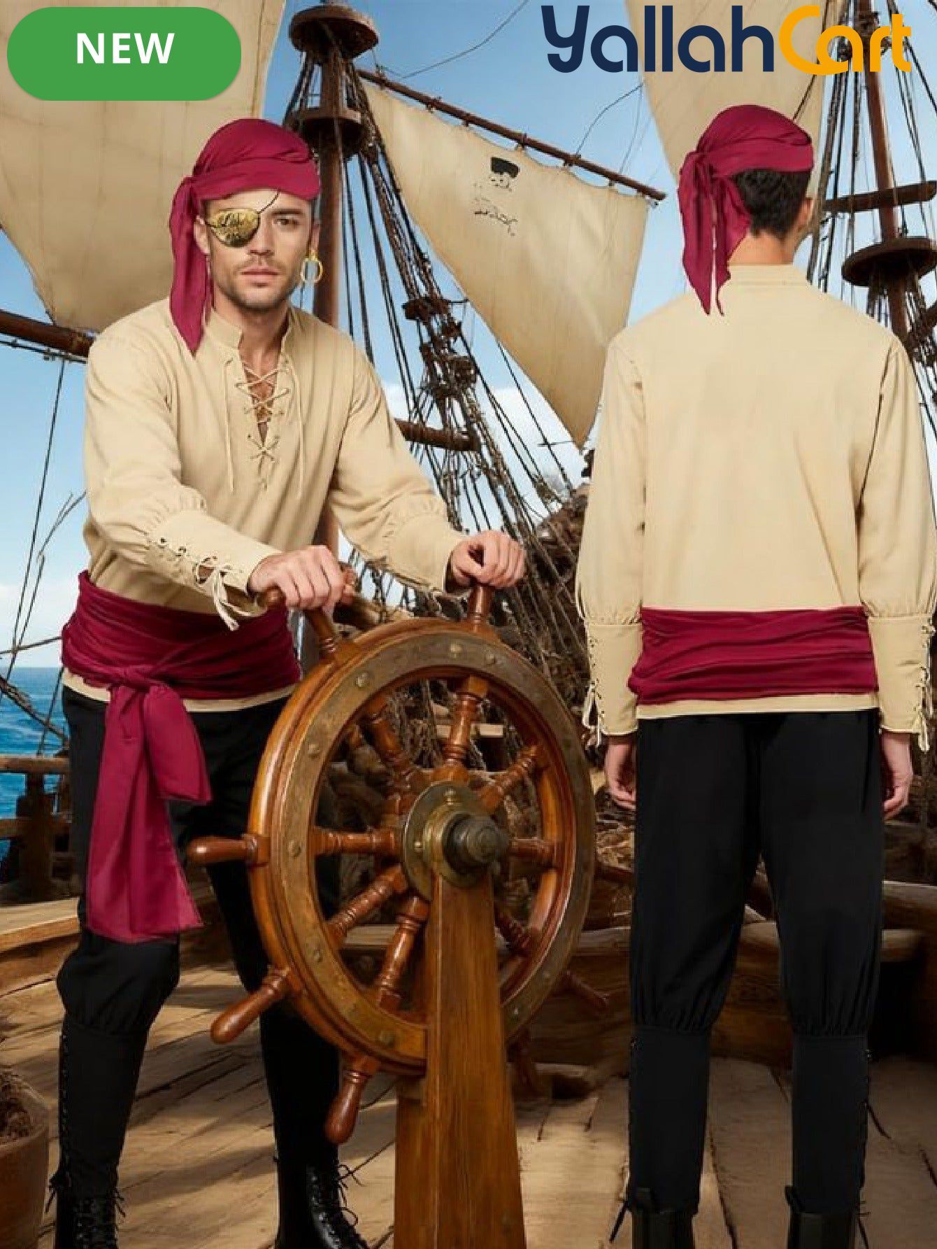 Men’s Medieval Pirate Costume Set – Retro Renaissance Shirt & Pants with Scarf & Accessories