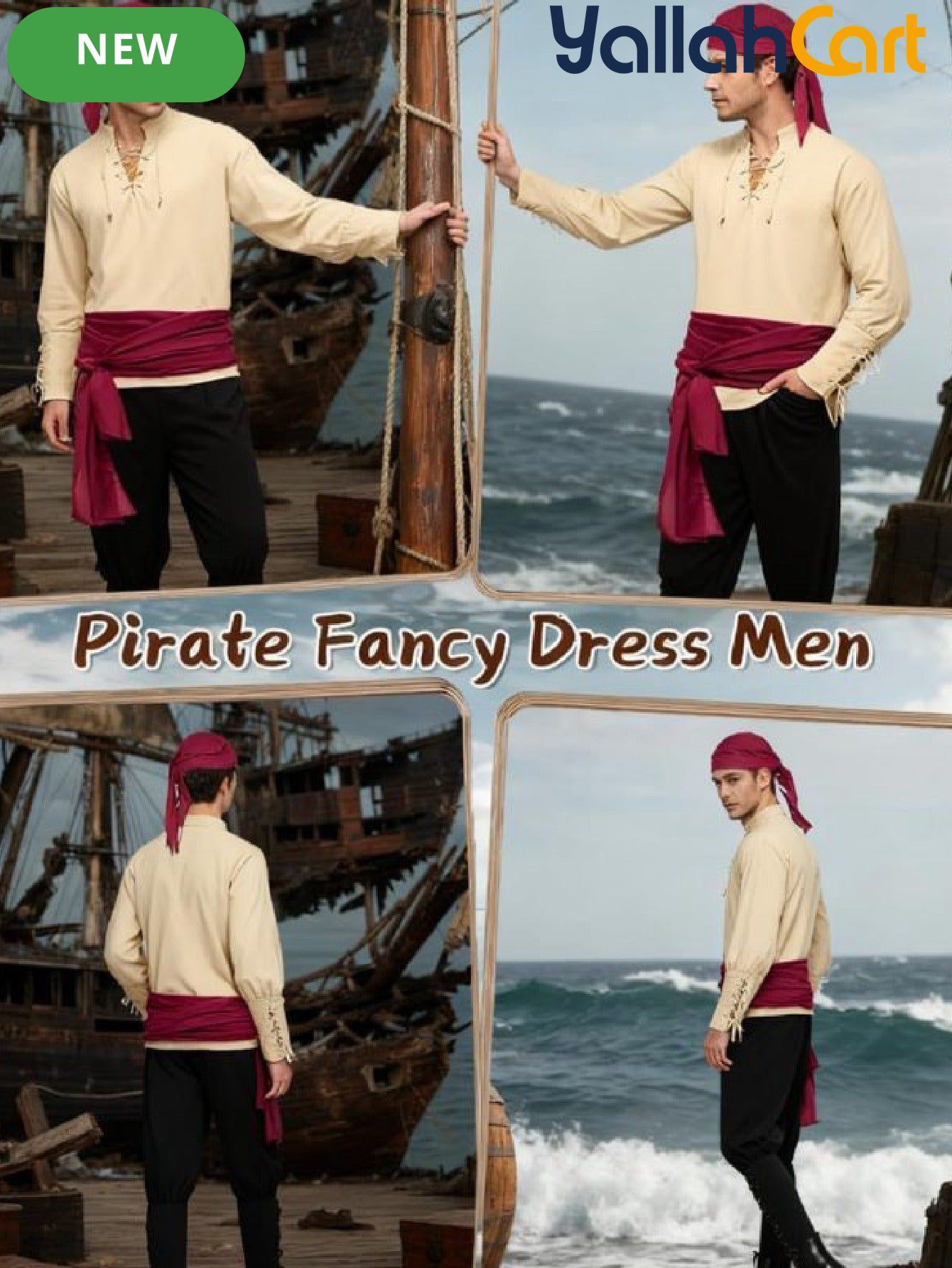 Men’s Medieval Pirate Costume Set – Retro Renaissance Shirt & Pants with Scarf & Accessories