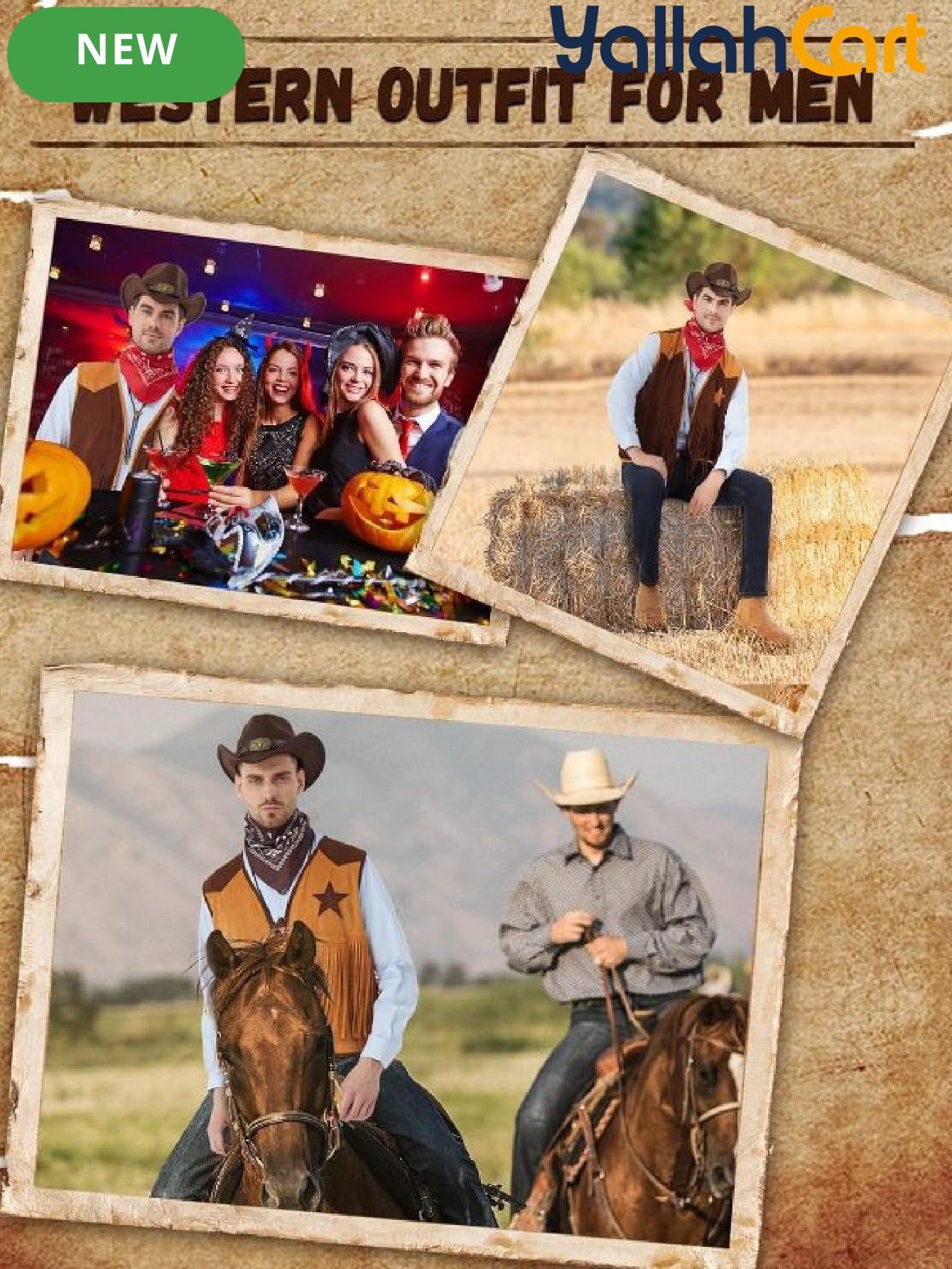 Men’s 5-Piece Western Cowboy Costume Set (XXL) – Fringe Vest, Hat, Buckle Belt & Necktie Necklace for Halloween Cosplay