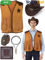 Men’s 5-Piece Western Cowboy Costume Set (XXL) – Fringe Vest, Hat, Buckle Belt & Necktie Necklace for Halloween Cosplay