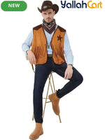 Men’s 5-Piece Western Cowboy Costume Set (XXL) – Fringe Vest, Hat, Buckle Belt & Necktie Necklace for Halloween Cosplay