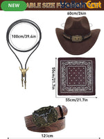 Men’s 5-Piece Western Cowboy Costume Set (XXL) – Fringe Vest, Hat, Buckle Belt & Necktie Necklace for Halloween Cosplay
