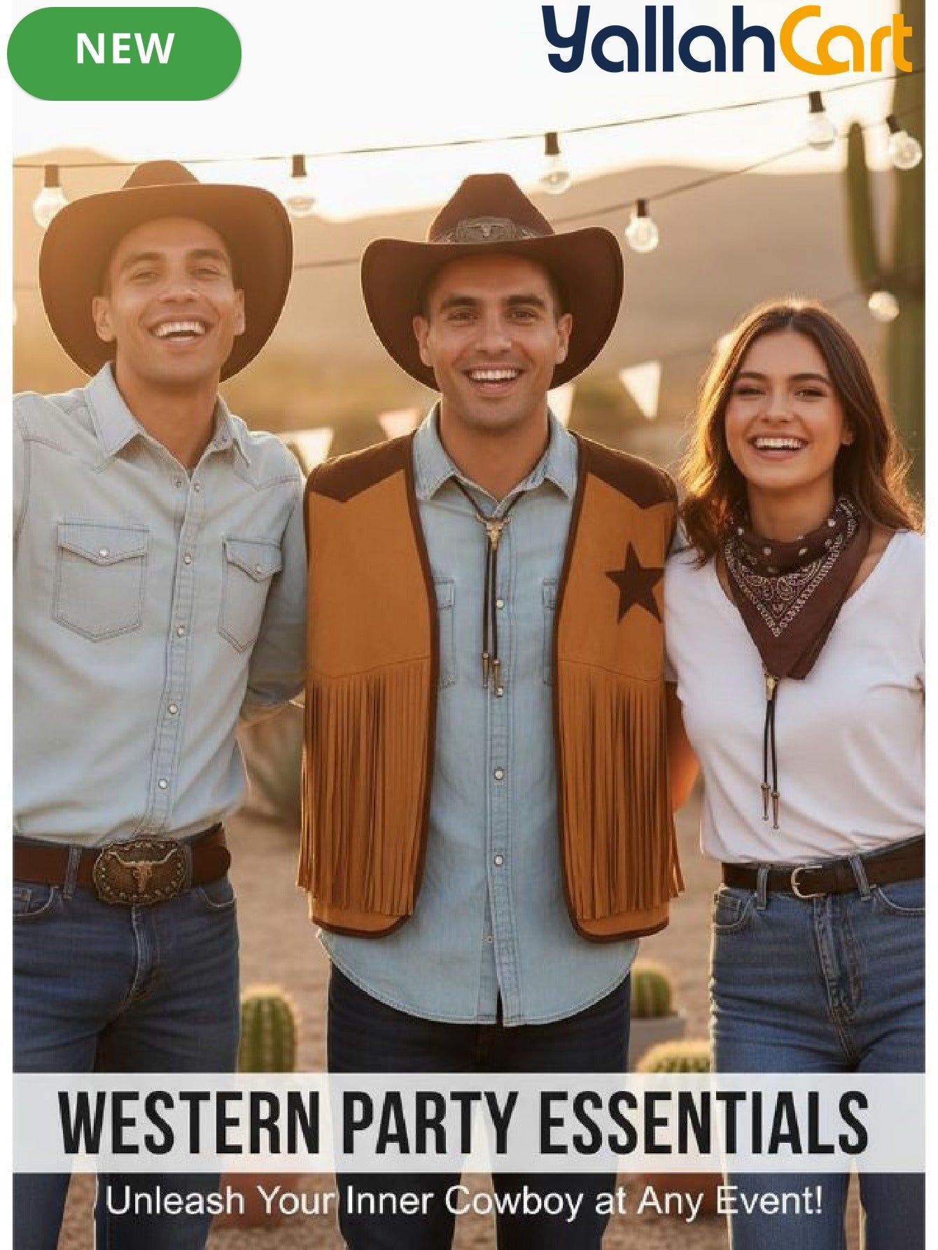 Men’s 5-Piece Western Cowboy Costume Set (XXL) – Fringe Vest, Hat, Buckle Belt & Necktie Necklace for Halloween Cosplay