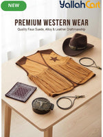 Men’s 5-Piece Western Cowboy Costume Set (XXL) – Fringe Vest, Hat, Buckle Belt & Necktie Necklace for Halloween Cosplay