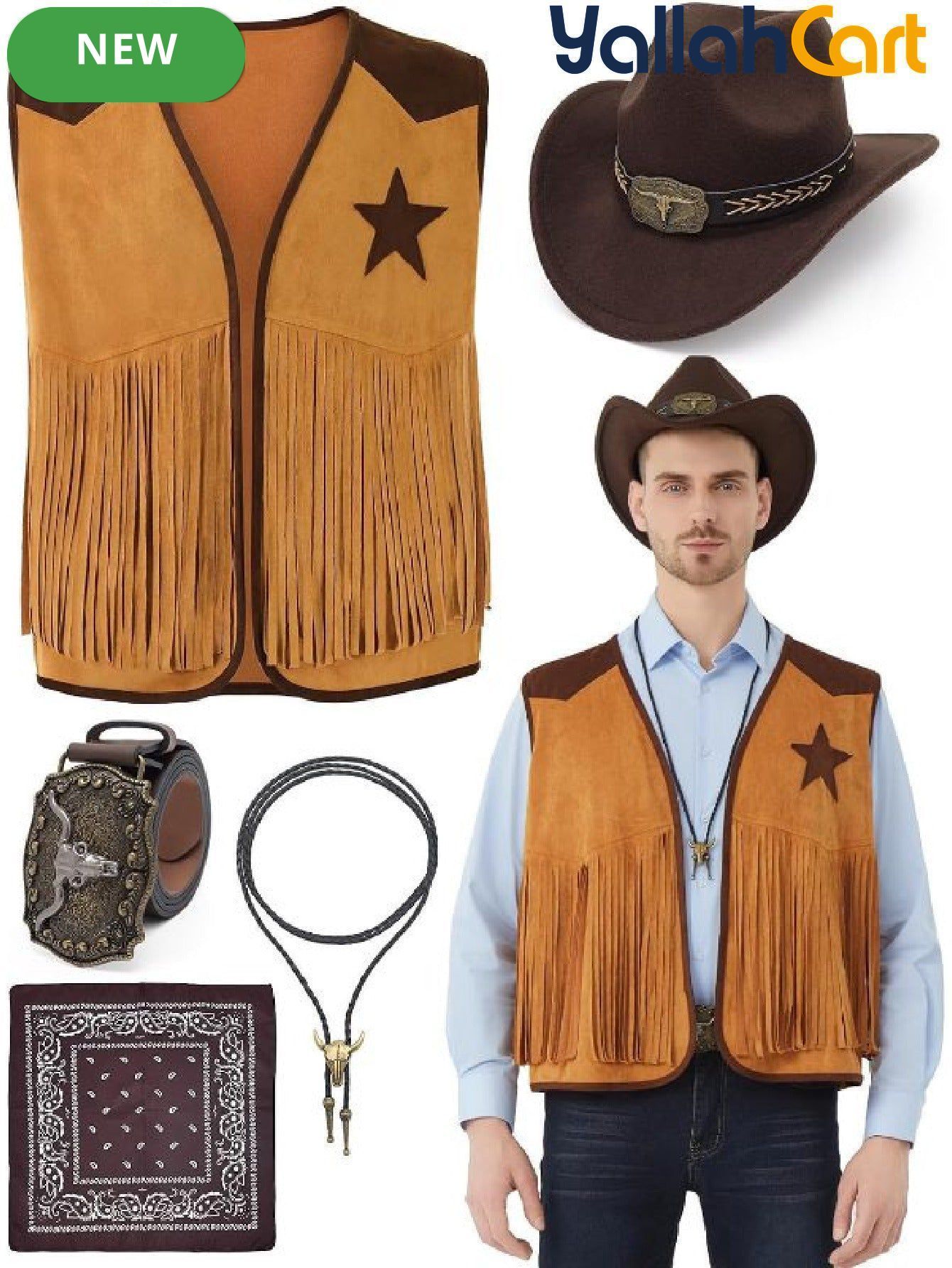 Men’s 5-Piece Western Cowboy Costume Set (XXL) – Fringe Vest, Hat, Buckle Belt & Necktie Necklace for Halloween Cosplay