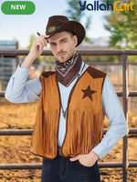 Men’s 5-Piece Western Cowboy Costume Set (XXL) – Fringe Vest, Hat, Buckle Belt & Necktie Necklace for Halloween Cosplay