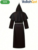 Men’s Medieval Monk & Priest Robe Costume Set – Renaissance Wizard Hooded Robe with Belt & Necklace