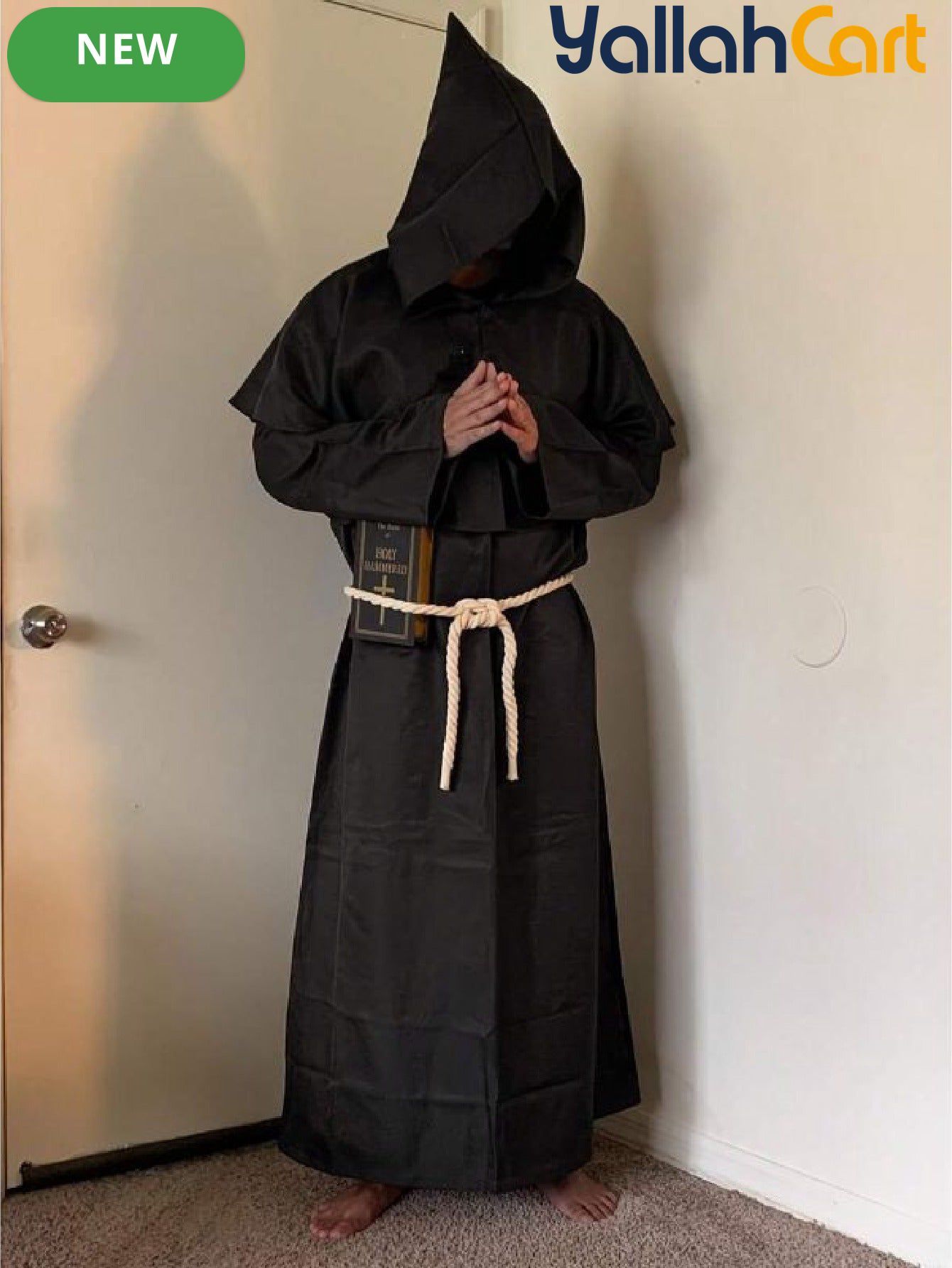 Men’s Medieval Monk & Priest Robe Costume Set – Renaissance Wizard Hooded Robe with Belt & Necklace