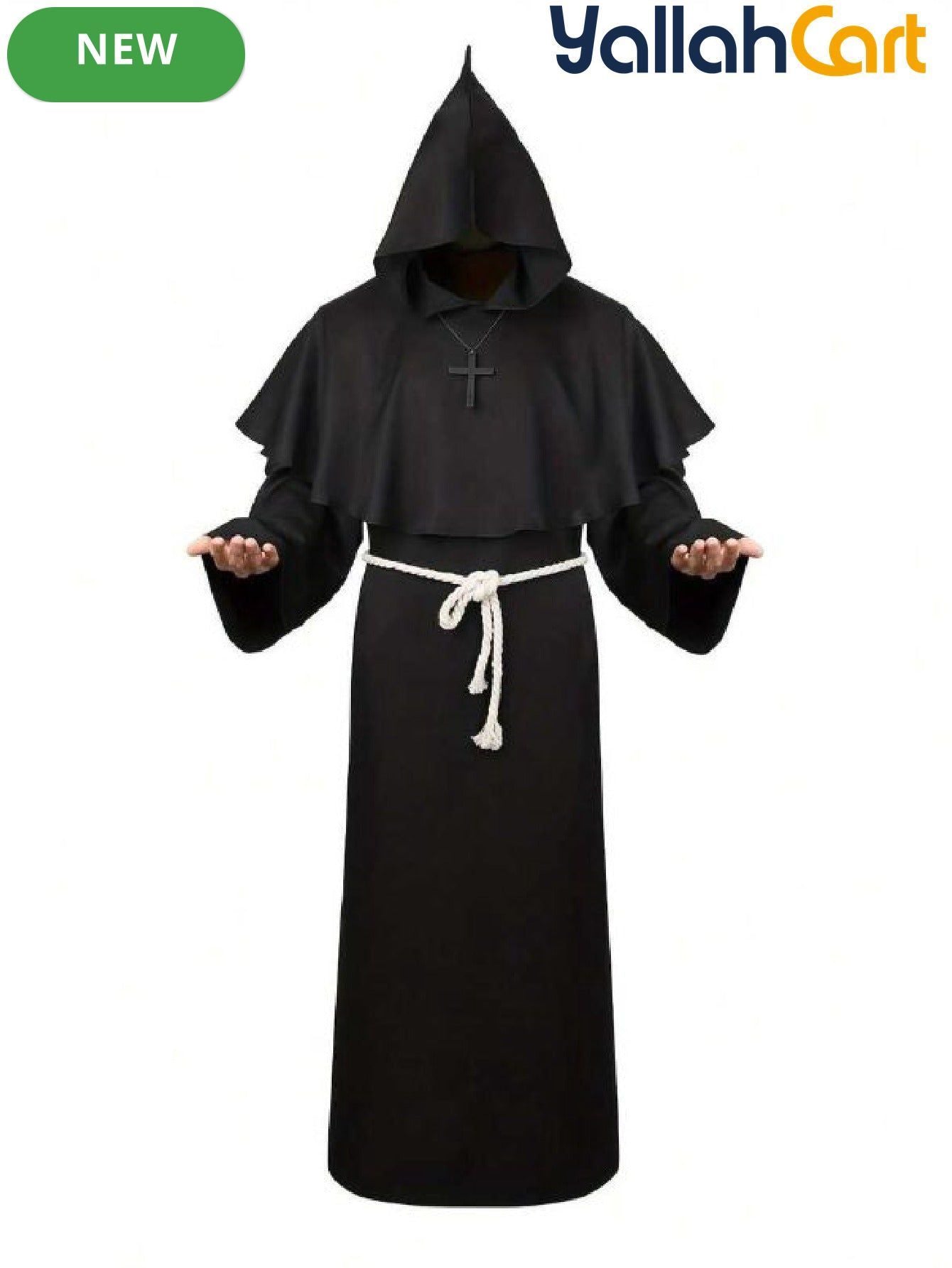 Men’s Medieval Monk & Priest Robe Costume Set – Renaissance Wizard Hooded Robe with Belt & Necklace