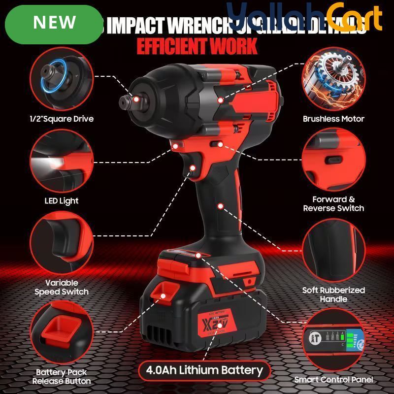 GearZoneUAE 1/2" Cordless Impact Wrench Kit (Red) – 1000N.m High Torque, 2800 RPM with 2X 21V Batteries