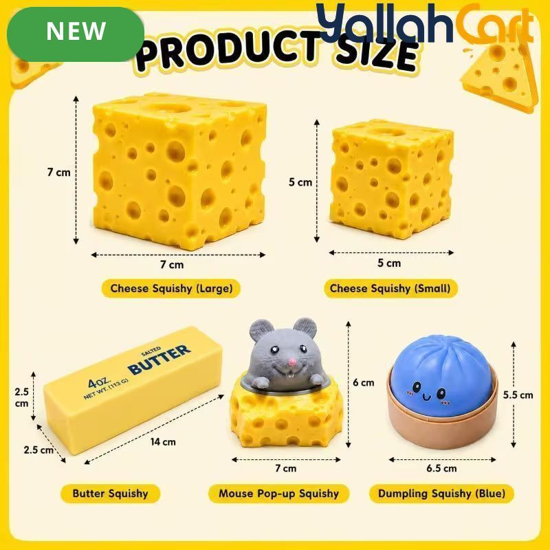 Mixed Color Yellow & White Cheese & Mouse Slow-Rise Foam Toy Set – 5pcs Sensory Fidget & Stress Relief Toys