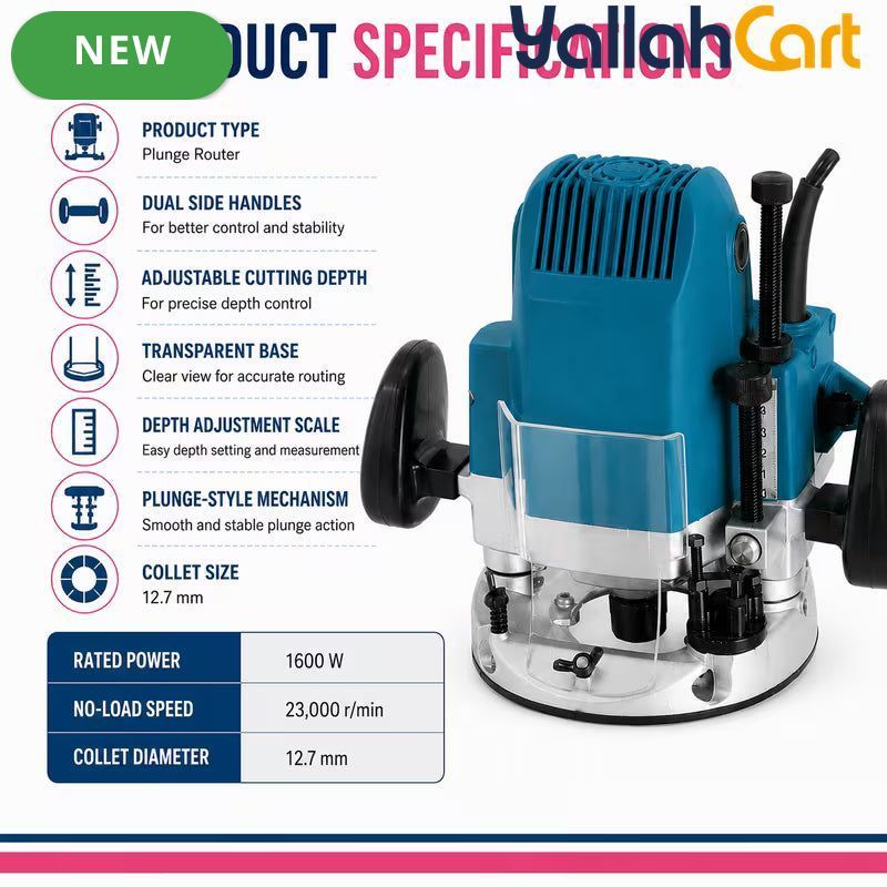 1600W High-Speed Electric Wood Router (Blue) – 12.7mm Adjustable Depth Trimming & Carving Tool, 23000 RPM
