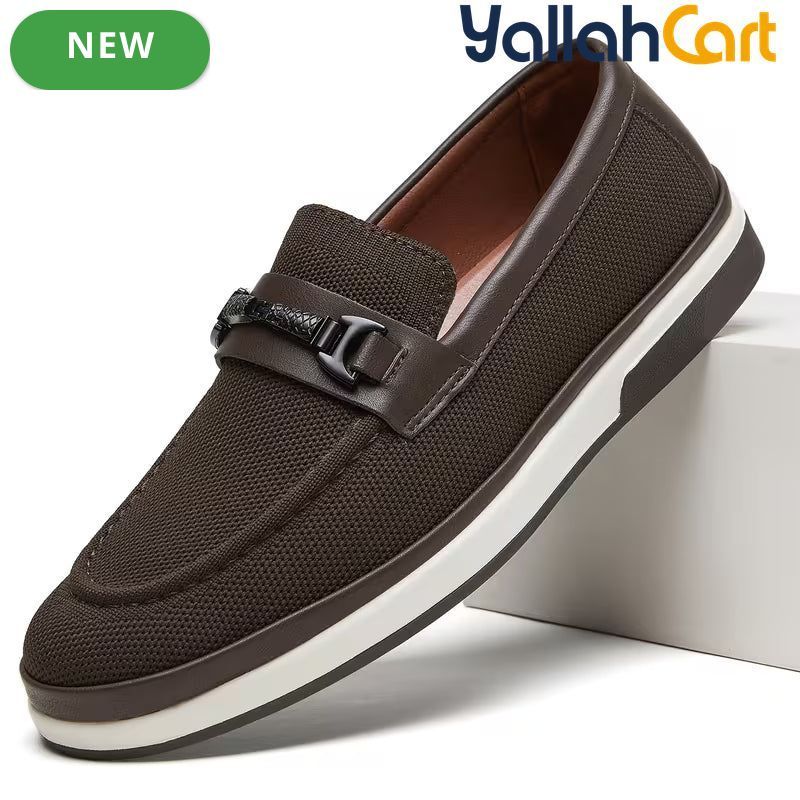 Pack Platinum Collection Men's Mesh Loafers - Navy & Dark Brown, Golden Metal Buckle Design Business Casual Shoes, Breathable Lightweight Wear-Resistant Versatile Flat Shoes