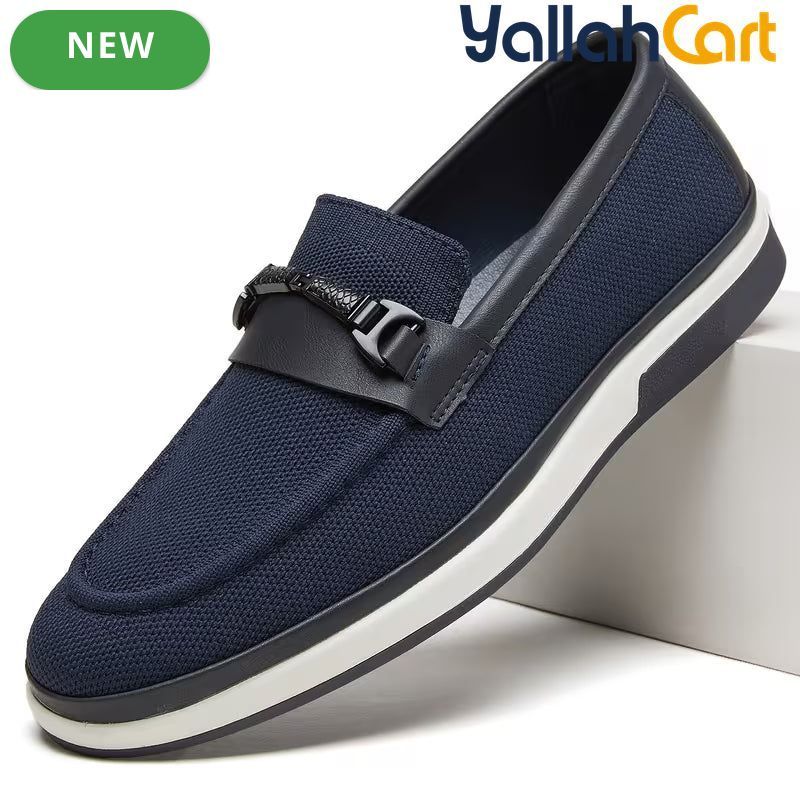 Pack Platinum Collection Men's Mesh Loafers - Navy & Dark Brown, Golden Metal Buckle Design Business Casual Shoes, Breathable Lightweight Wear-Resistant Versatile Flat Shoes