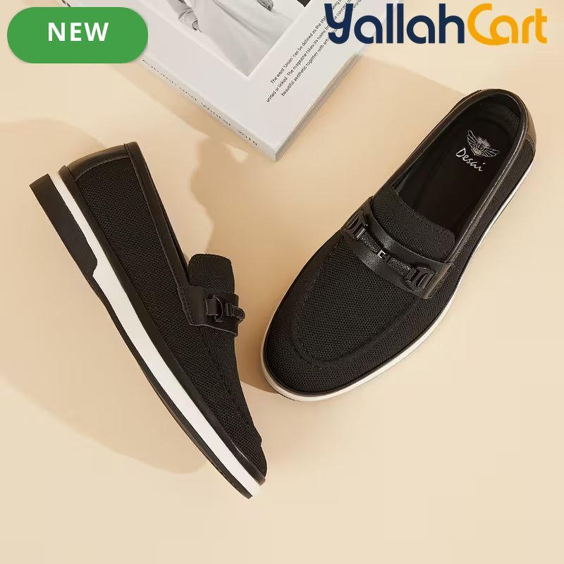Pack Platinum Collection Men's Mesh Loafers - Navy & Dark Brown, Golden Metal Buckle Design Business Casual Shoes, Breathable Lightweight Wear-Resistant Versatile Flat Shoes