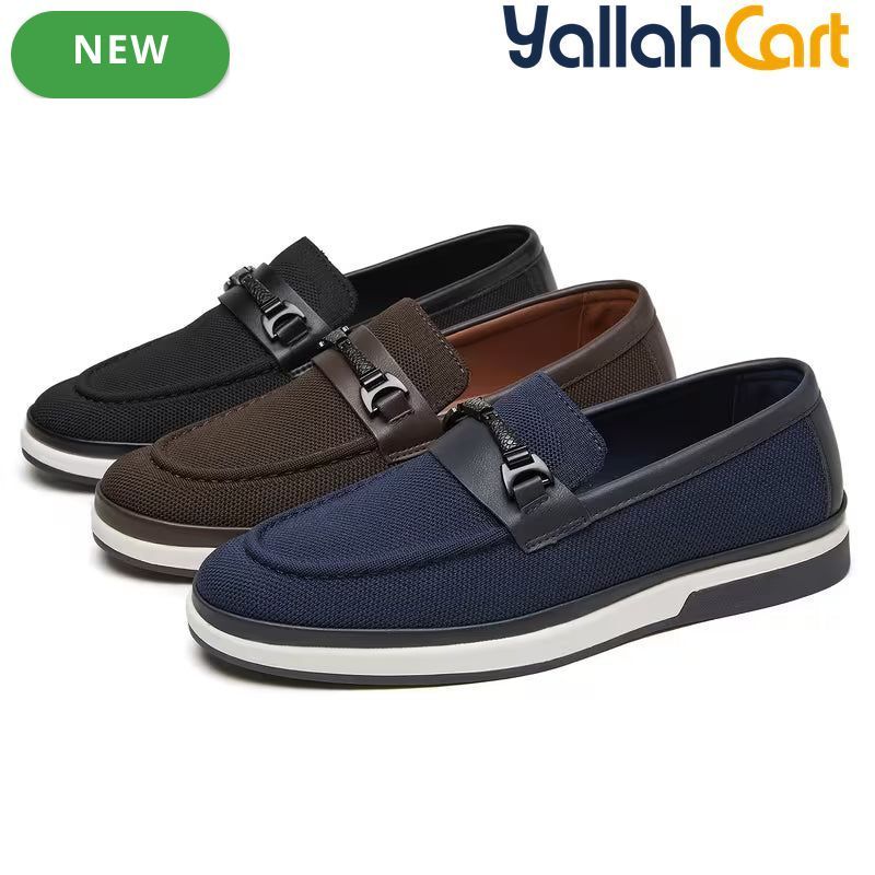 Pack Platinum Collection Men's Mesh Loafers - Navy & Dark Brown, Golden Metal Buckle Design Business Casual Shoes, Breathable Lightweight Wear-Resistant Versatile Flat Shoes