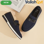 Pack Platinum Collection Men's Mesh Loafers - Navy & Dark Brown, Golden Metal Buckle Design Business Casual Shoes, Breathable Lightweight Wear-Resistant Versatile Flat Shoes