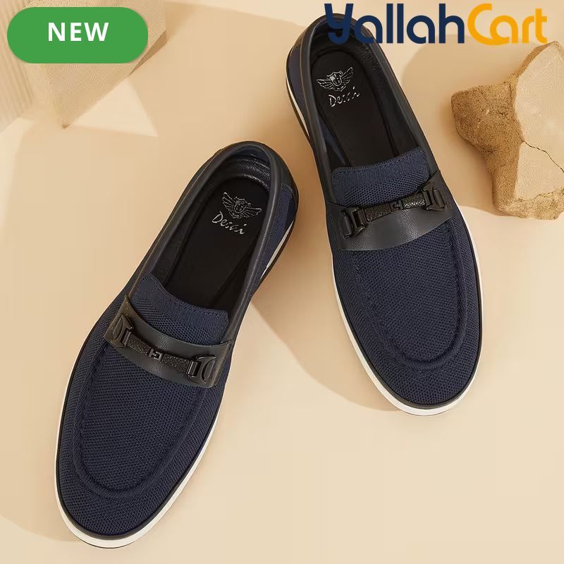 Pack Platinum Collection Men's Mesh Loafers - Navy & Dark Brown, Golden Metal Buckle Design Business Casual Shoes, Breathable Lightweight Wear-Resistant Versatile Flat Shoes