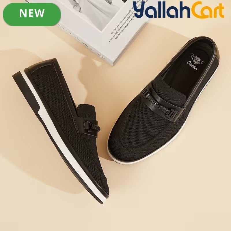 Pack Platinum Collection Men's Mesh Loafers - Navy & Dark Brown, Golden Metal Buckle Design Business Casual Shoes, Breathable Lightweight Wear-Resistant Versatile Flat Shoes