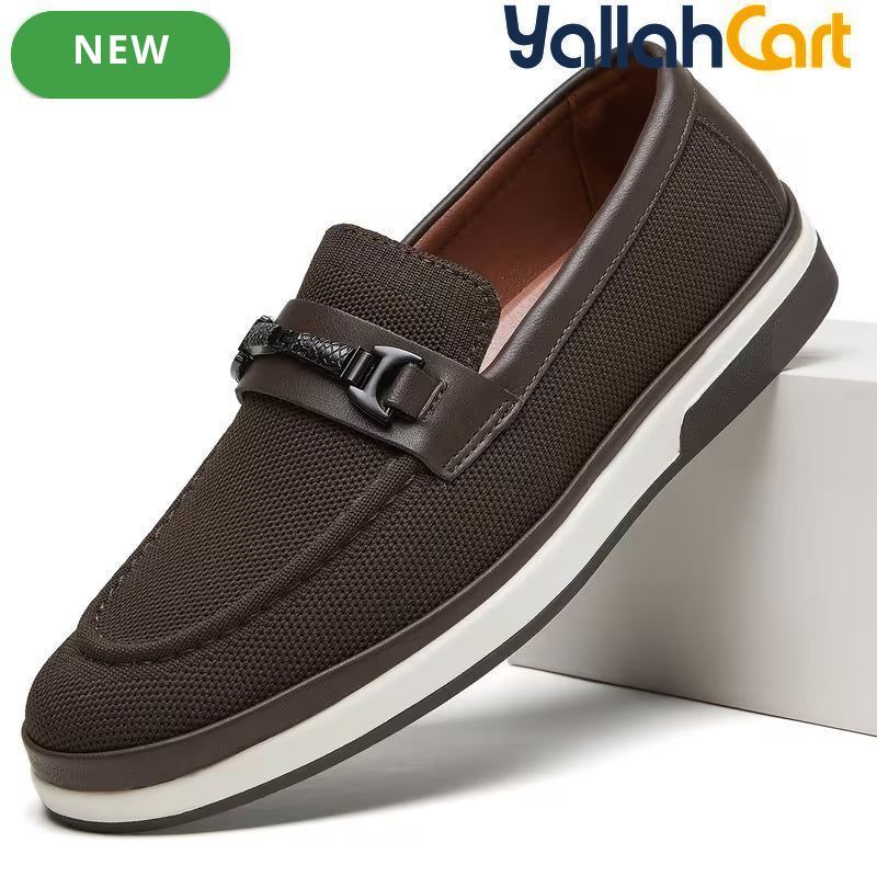 Pack Platinum Collection Men's Mesh Loafers - Navy & Dark Brown, Golden Metal Buckle Design Business Casual Shoes, Breathable Lightweight Wear-Resistant Versatile Flat Shoes