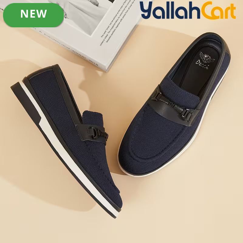 Pack Platinum Collection Men's Mesh Loafers - Navy & Dark Brown, Golden Metal Buckle Design Business Casual Shoes, Breathable Lightweight Wear-Resistant Versatile Flat Shoes