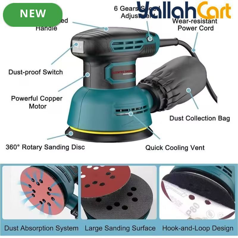 HAMZA&CURATED Random Orbital Sander (Blue,Black) – 300W 12000RPM Variable Speed Corded Palm Sander with 16pcs Sandpaper & Dust Bag for Woodworking