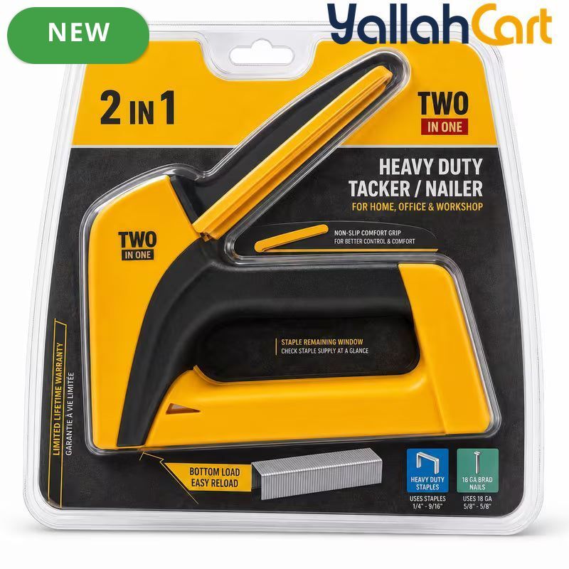 Heavy Duty 2-in-1 Manual Staple Gun & Brad Nailer (Yellow) – Bottom Load Hand Tacker for Wood, Upholstery & DIY Repair