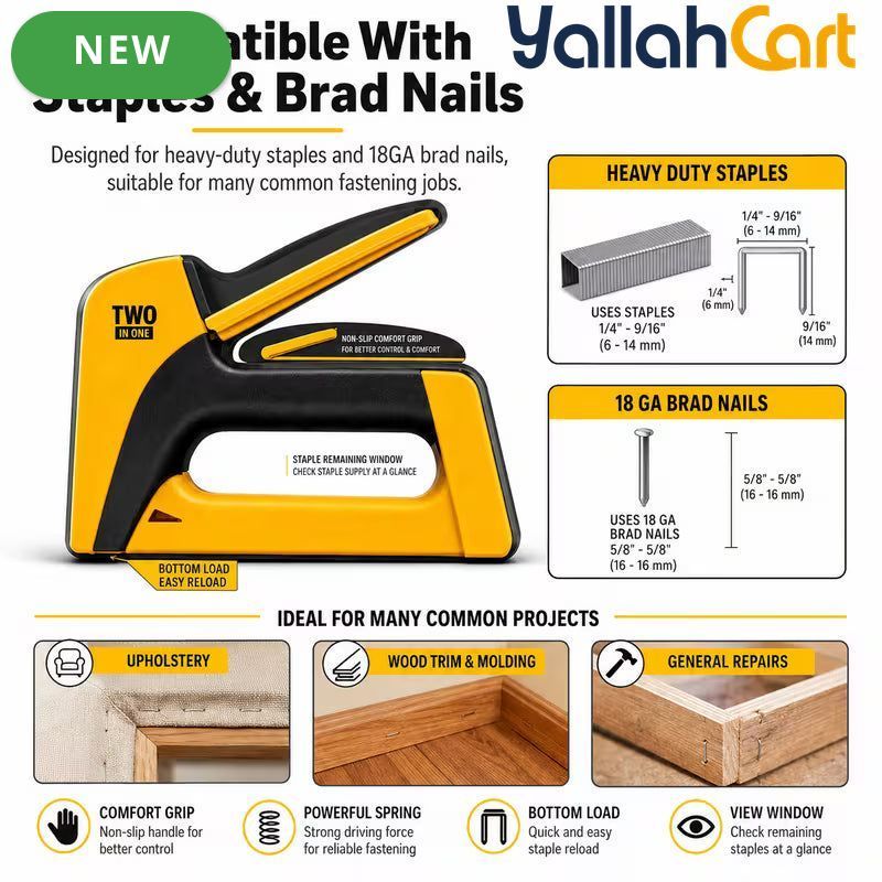 Heavy Duty 2-in-1 Manual Staple Gun & Brad Nailer (Yellow) – Bottom Load Hand Tacker for Wood, Upholstery & DIY Repair