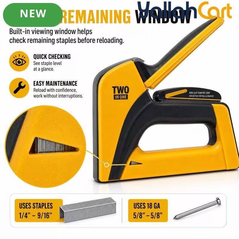 Heavy Duty 2-in-1 Manual Staple Gun & Brad Nailer (Yellow) – Bottom Load Hand Tacker for Wood, Upholstery & DIY Repair