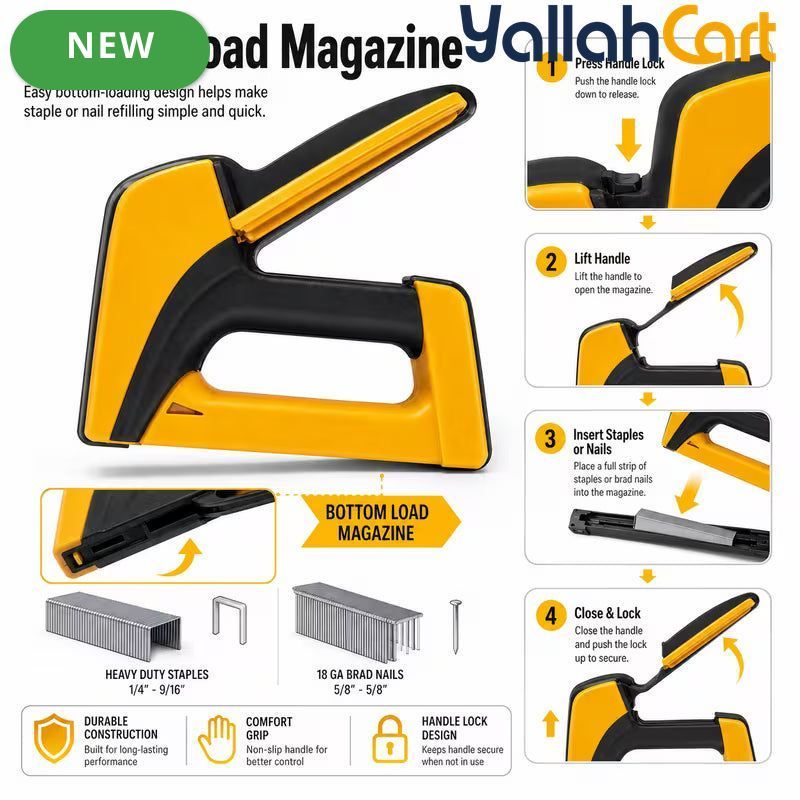 Heavy Duty 2-in-1 Manual Staple Gun & Brad Nailer (Yellow) – Bottom Load Hand Tacker for Wood, Upholstery & DIY Repair