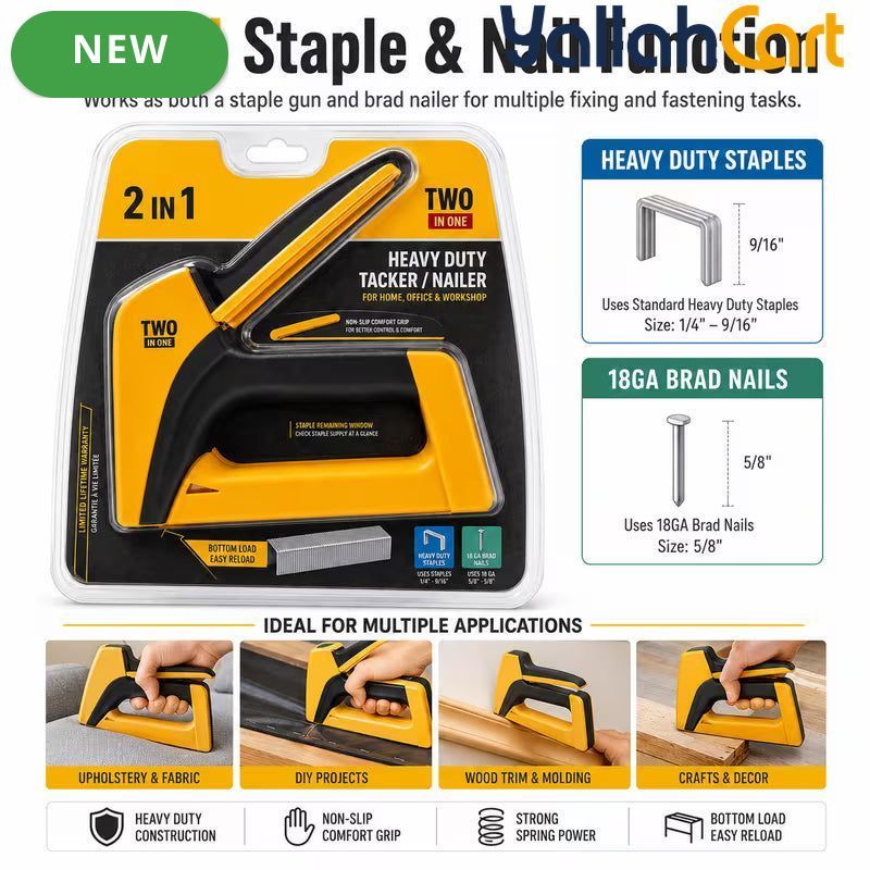 Heavy Duty 2-in-1 Manual Staple Gun & Brad Nailer (Yellow) – Bottom Load Hand Tacker for Wood, Upholstery & DIY Repair