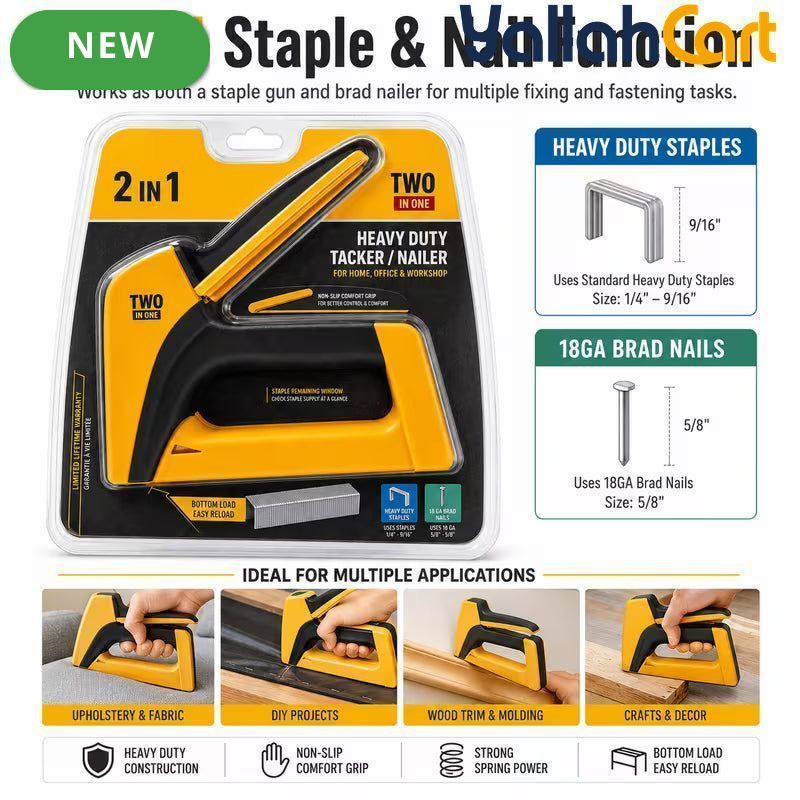 Heavy Duty 2-in-1 Manual Staple Gun & Brad Nailer (Yellow) – Bottom Load Hand Tacker for Wood, Upholstery & DIY Repair