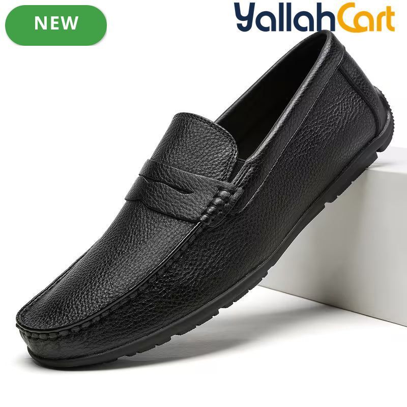 Pack Platinum Collection Men's Single-Pedal Slip-On Loafers - Black & Dark Brown, Lychee Pattern Textured PU Leather, Lightweight Daily Office Commute Flat Shoes