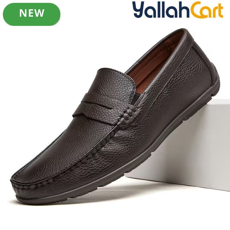 Pack Platinum Collection Men's Single-Pedal Slip-On Loafers - Black & Dark Brown, Lychee Pattern Textured PU Leather, Lightweight Daily Office Commute Flat Shoes
