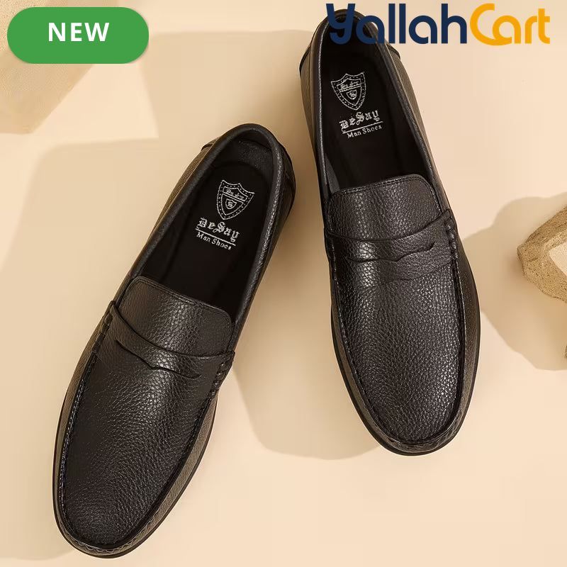 Pack Platinum Collection Men's Single-Pedal Slip-On Loafers - Black & Dark Brown, Lychee Pattern Textured PU Leather, Lightweight Daily Office Commute Flat Shoes