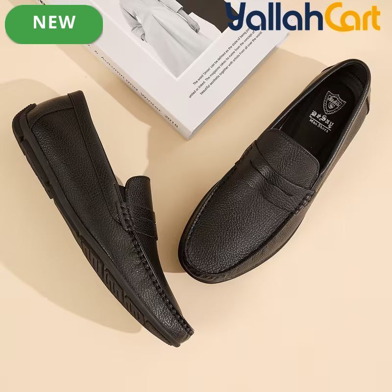 Pack Platinum Collection Men's Single-Pedal Slip-On Loafers - Black & Dark Brown, Lychee Pattern Textured PU Leather, Lightweight Daily Office Commute Flat Shoes