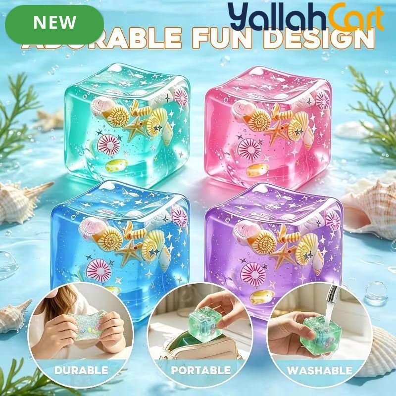 Blue & Multicolor 4-Pack Cube of Ice Stress Balls – Soft Seashell Dough Fidget Toys for Relaxation